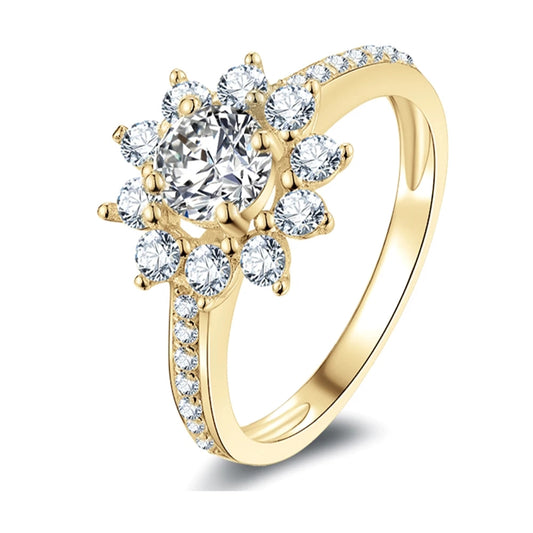 Tethys Sunflower 1ct Moissanite Diamond Halo Ring – 10K Gold Pavé Band