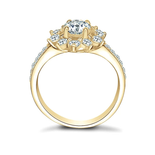 Tethys Sunflower 1ct Moissanite Diamond Halo Ring – 10K Gold Pavé Band