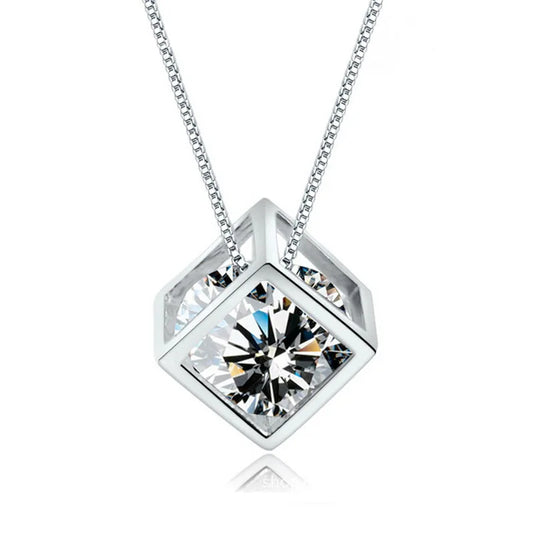 Brilliant Cut Lab Simulated Diamond 925 Sterling Silver Cube Pendant Necklace