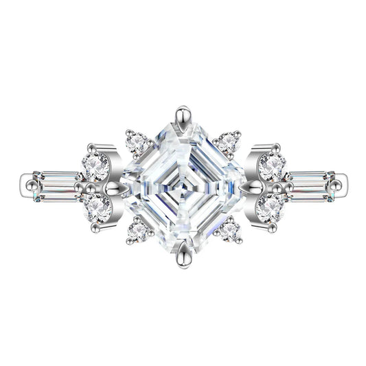 Isis Floral Asscher Cut Moissanite Diamond Ring With White Sapphires Sides