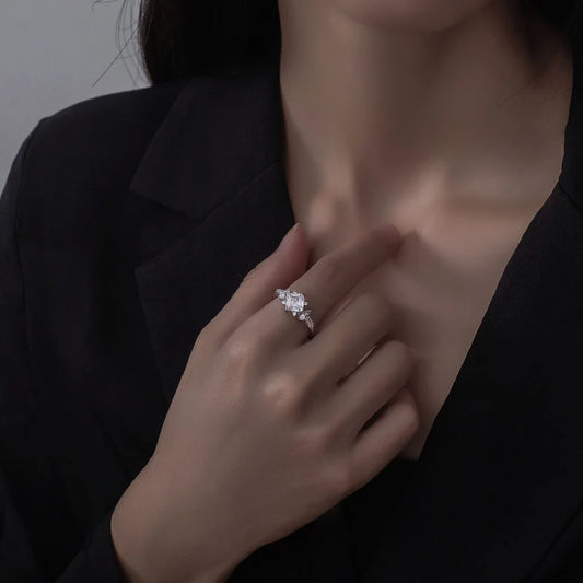 Isis Floral Asscher Cut Moissanite Diamond Ring With White Sapphires Sides