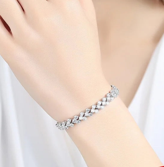 Brilliant Cut Heart Shaped 925 Silver 14K White Gold Plated Tennis Bracelet