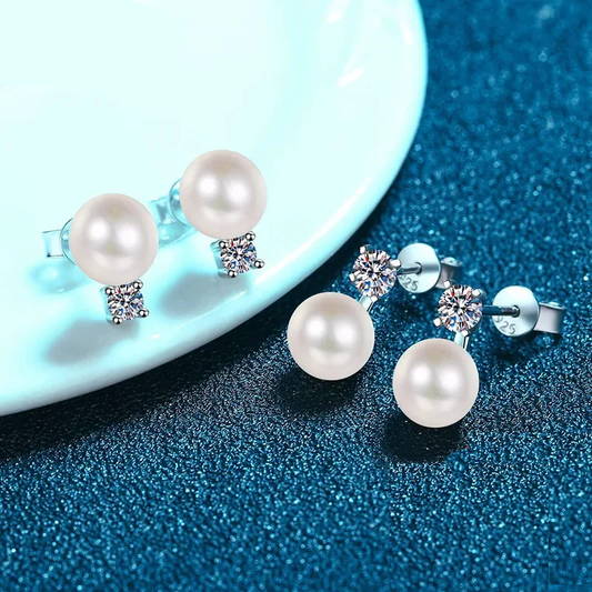Natural Pearl Brilliant Cut High Carbon Diamond 925 Silver Earrings
