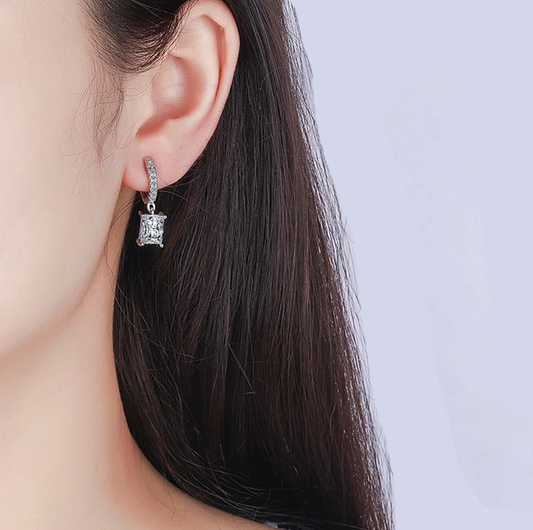 Radiant Cut High Carbon Diamonds 925 Silver Drop Earrings